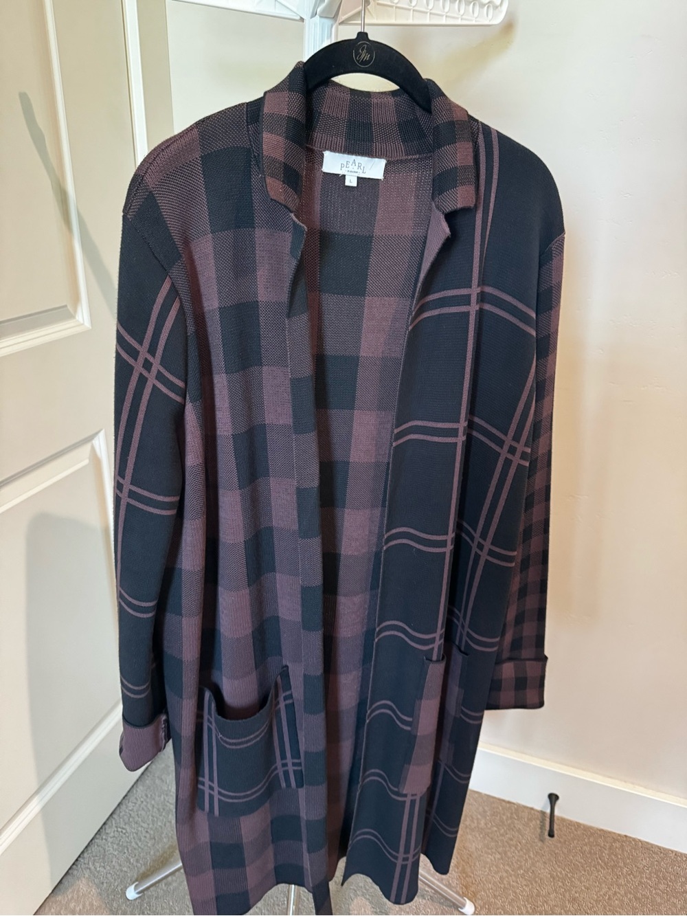 Pearl Open-Front Plaid Cardigan in Black & Mauve-Brown